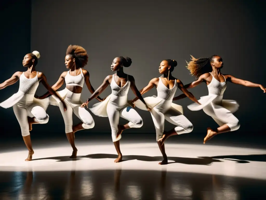 Grupo de bailarines contemporáneos africanos realizando ejercicios para perfeccionar la danza contemporánea africana en un estudio tenue, con movimientos fluidos y expresiones de determinación y pasión