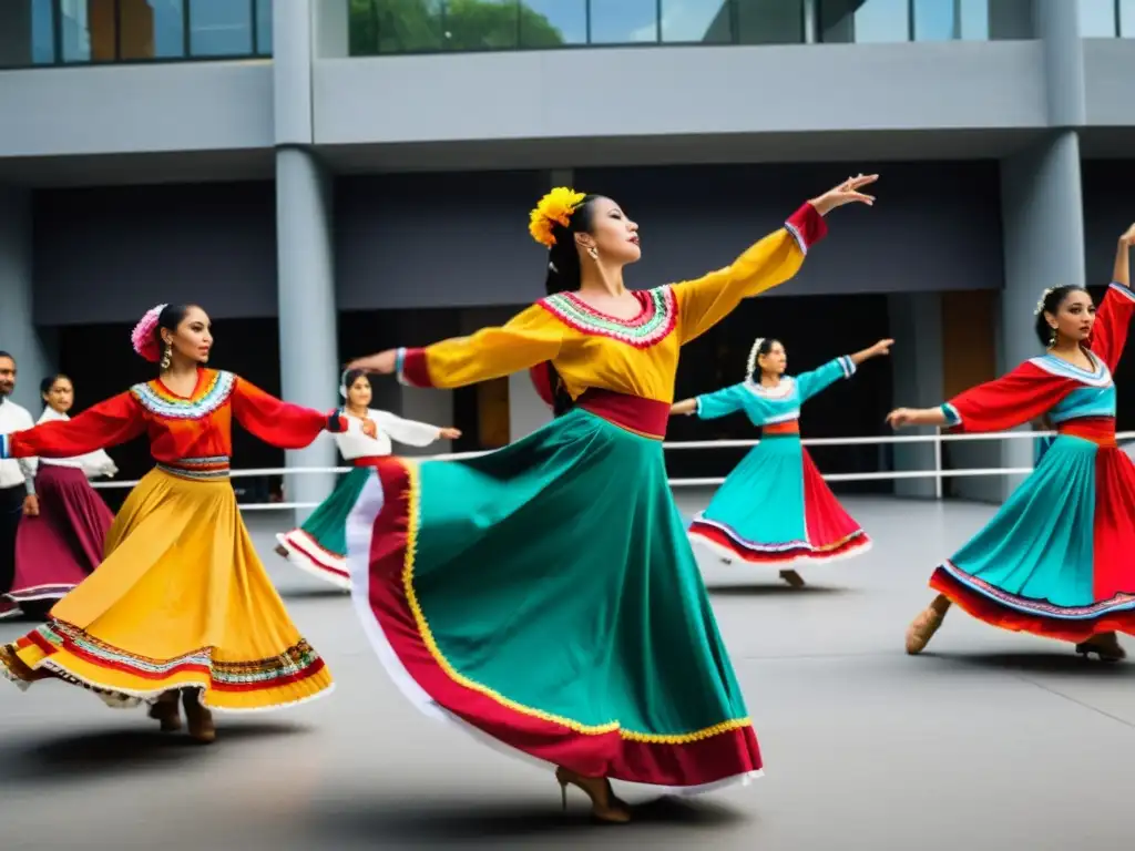 Grupo de bailarines contemporáneos en atuendos tradicionales mexicanos, realizando una impactante rutina en un entorno urbano