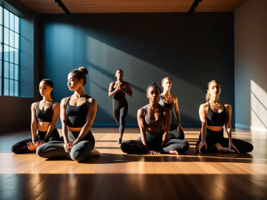 Grupo de bailarines contemporáneos en círculo, estirándose y calentando antes de un espectáculo