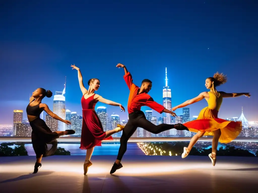 Grupo de bailarines contemporáneos danzando en la ciudad de noche, reflejando la evolución de las danzas tradicionales en documentales