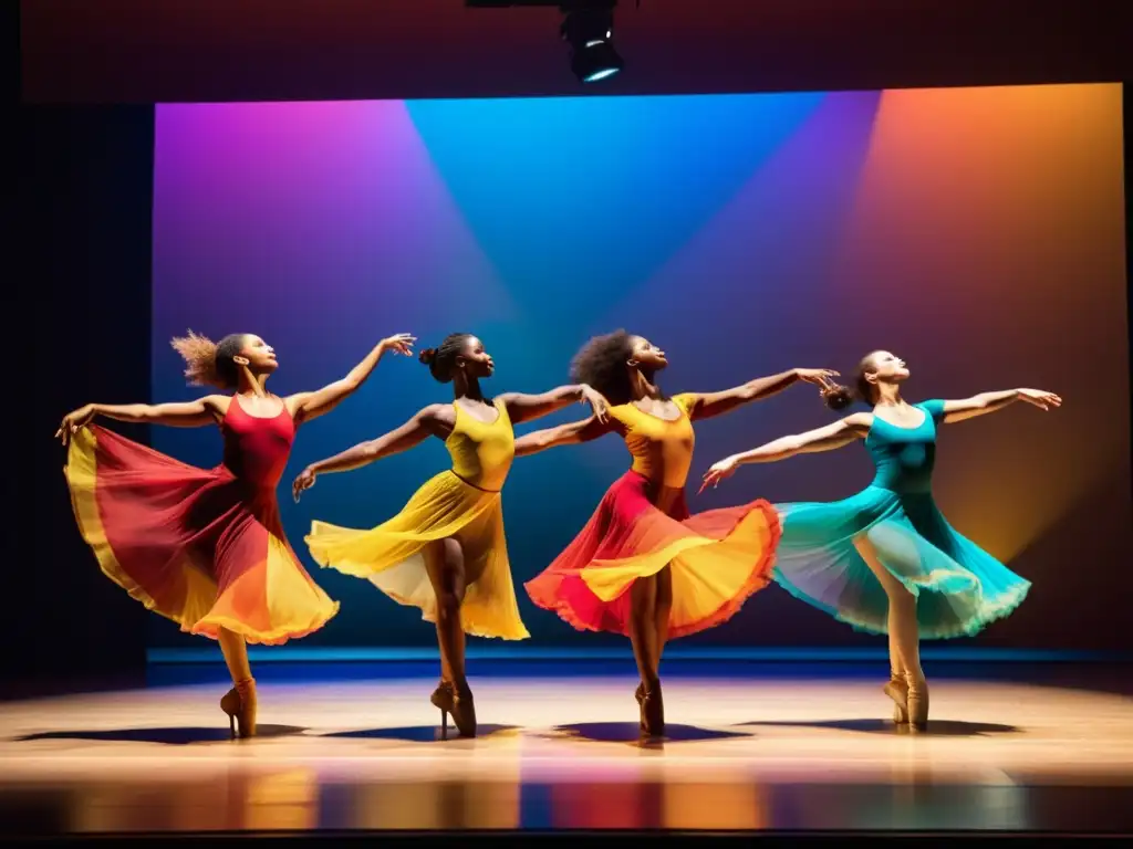 Un grupo de bailarines contemporáneos vistiendo coloridos trajes fluidos, fusionando movimientos de danza tradicional y moderna en un escenario decorado con patrones culturales