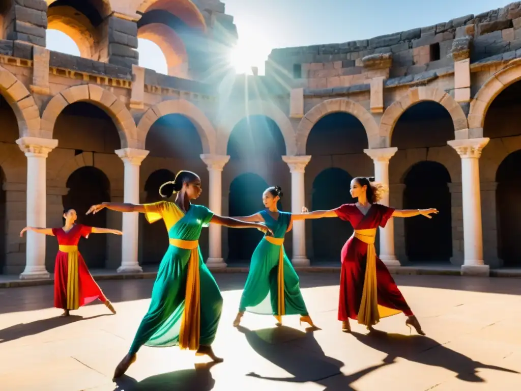 Un grupo de bailarines contemporáneos realiza una coreografía en un templo antiguo, fusionando arte moderno y tradición cultural