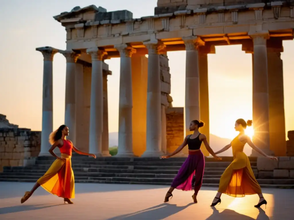 Un grupo de bailarines contemporáneos realiza una coreografía en trajes vibrantes frente a ruinas antiguas al atardecer, representando la fusión de culturas y la fluidez del arte