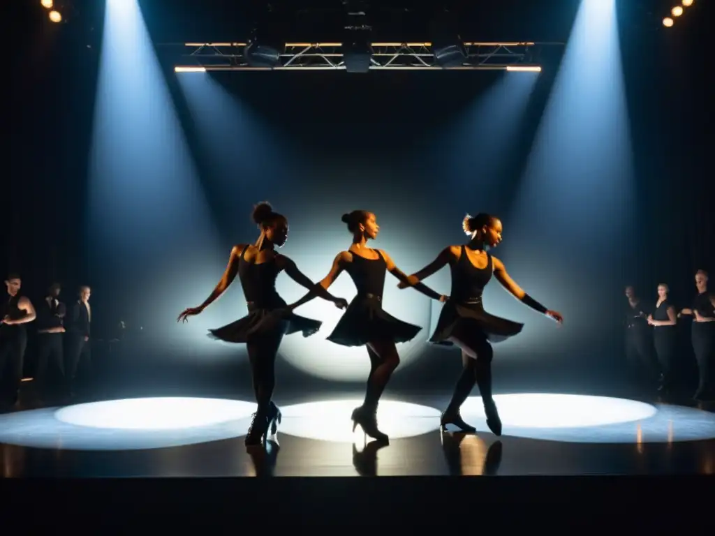 Grupo de bailarines contemporáneos de tap en un escenario tenue