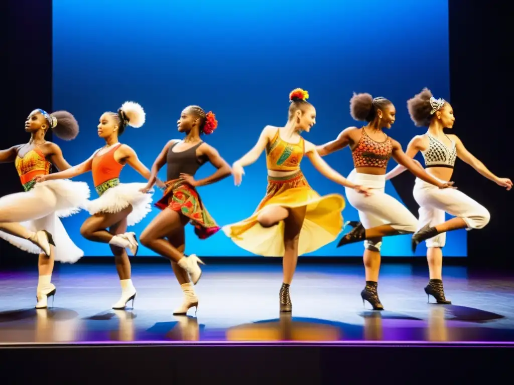 Un grupo de bailarines contemporáneos en el escenario con trajes vibrantes que fusionan elementos culturales y tendencias de moda