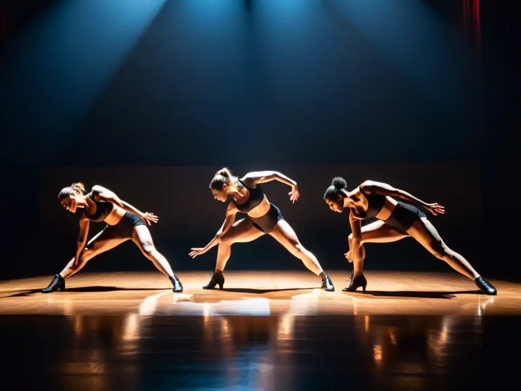 Grupo de bailarines contemporáneos en un escenario, expresando emociones intensas a través de movimientos expresivos