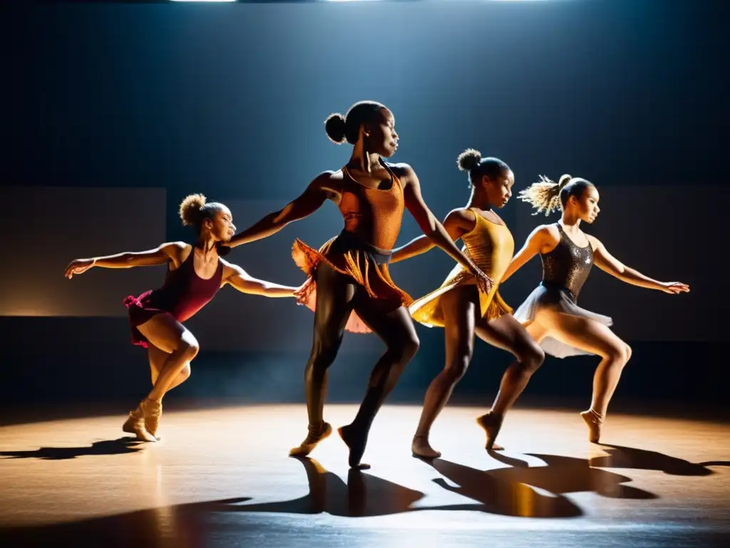 Grupo de bailarines contemporáneos en estudio, con vestuario que fusiona elementos tradicionales y modernos