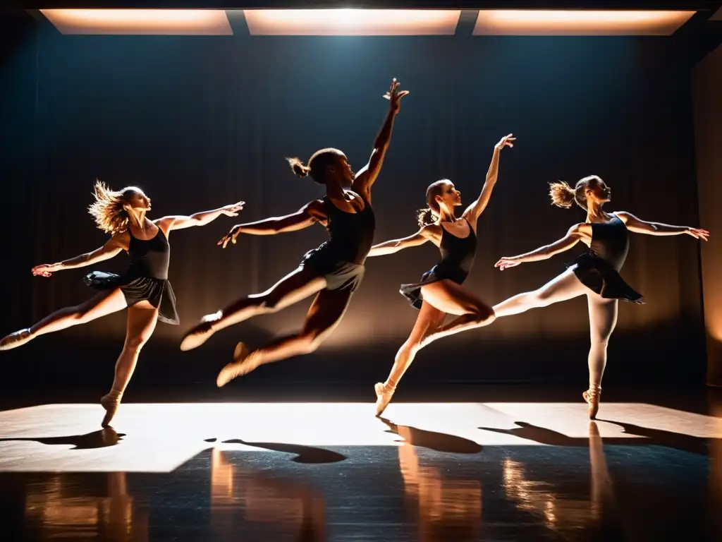 Fotografía de grupo de bailarines contemporáneos en un estudio iluminado