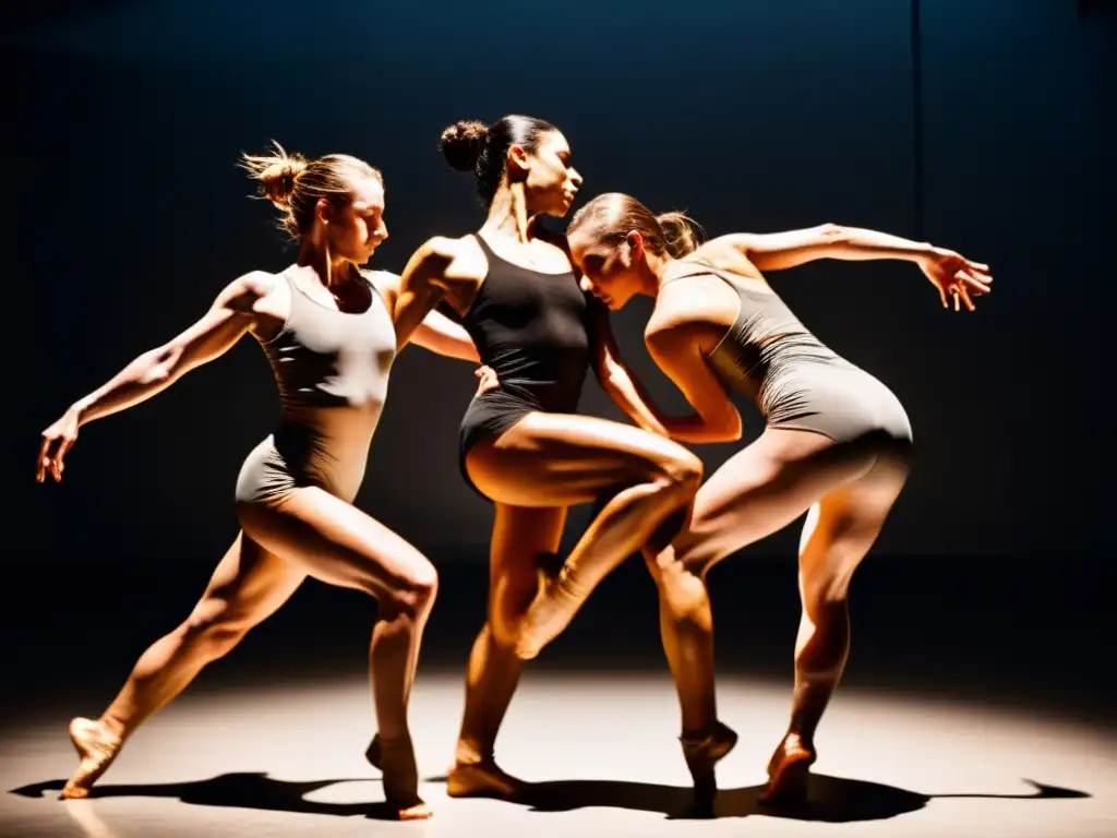 Grupo de bailarines contemporáneos en un estudio tenue, expresando emociones a través de movimientos fluidos