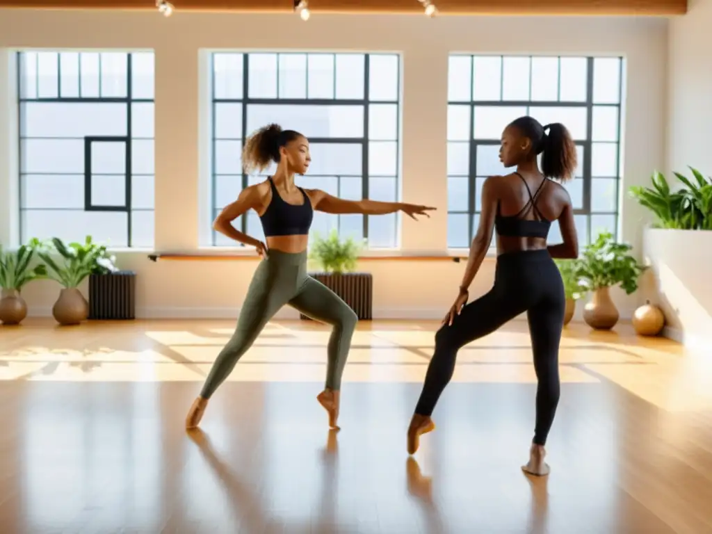 Un grupo de bailarines contemporáneos practica en un estudio iluminado por el sol, moviéndose con gracia mientras usan ropa deportiva minimalista