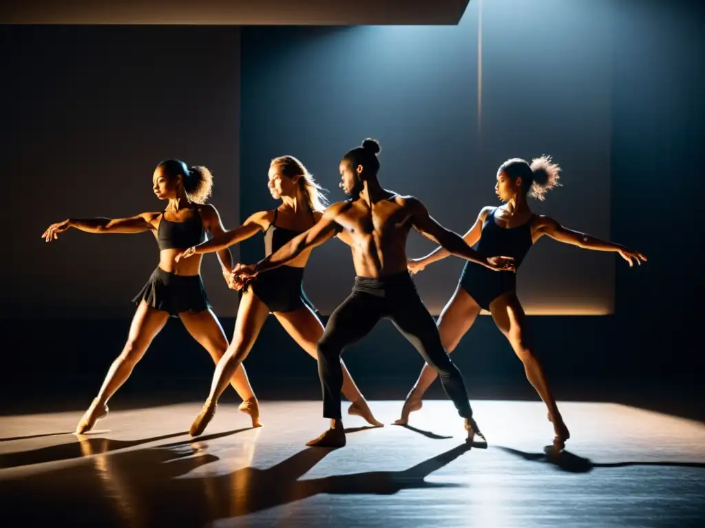 Un grupo de bailarines contemporáneos en un estudio tenue, expresando la intensidad de la danza