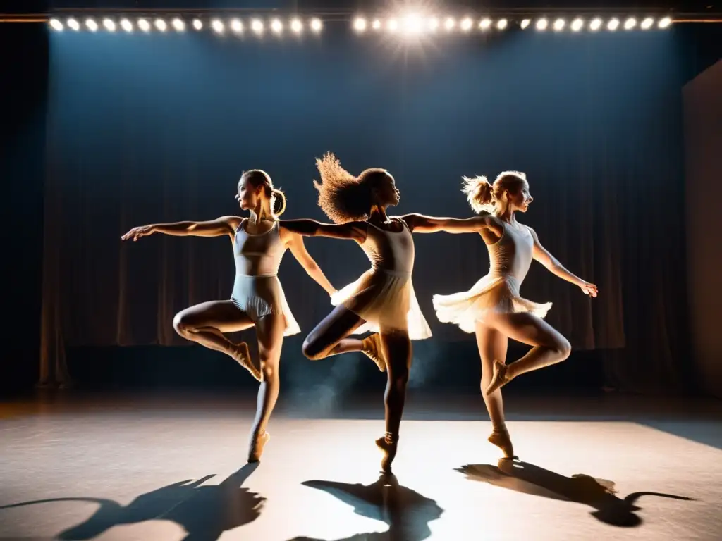 Grupo de bailarines contemporáneos en estudio congelados en el aire, expresando la evolución de la danza tradicional en el siglo XX