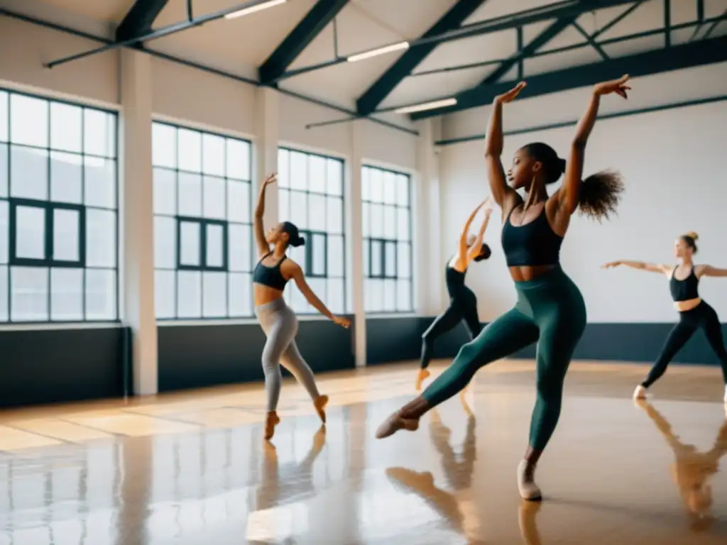 Grupo de bailarines contemporáneos en un estudio industrial, expresando movimientos fluidos y poderosos