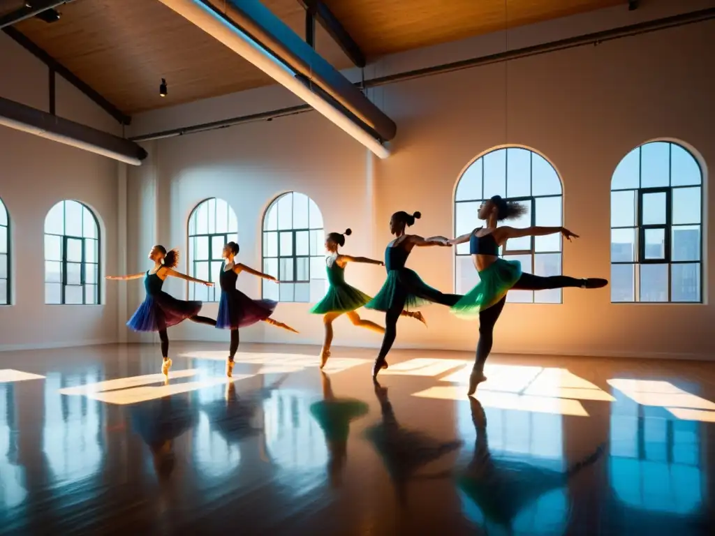 Grupo de bailarines contemporáneos en un estudio industrial, con movimientos fluidos y colores vibrantes, transmitiendo la pasión por la danza