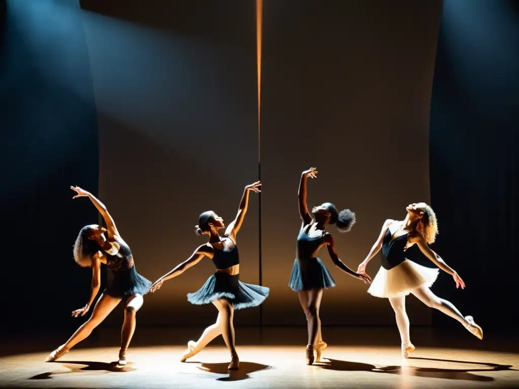 Un grupo de bailarines contemporáneos en el Festival Internacional Danza Contemporánea Düsseldorf, mostrando pasión y gracia en un escenario impresionante