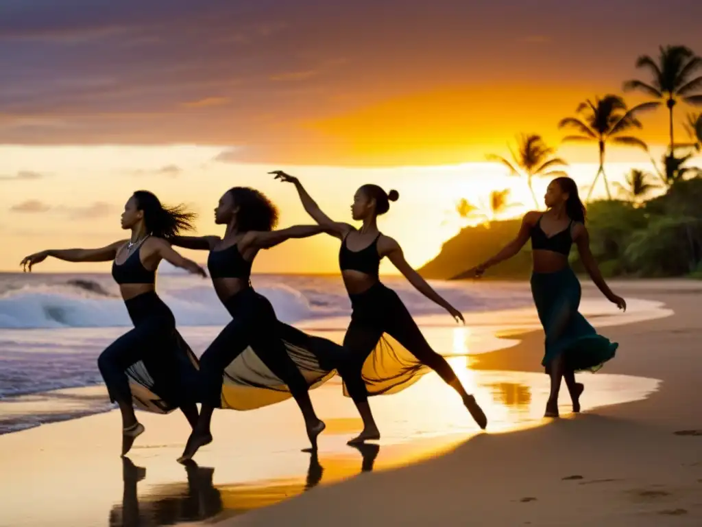 Grupo de bailarines contemporáneos en Hawai, expresando la identidad cultural a través de su danza al atardecer en la playa