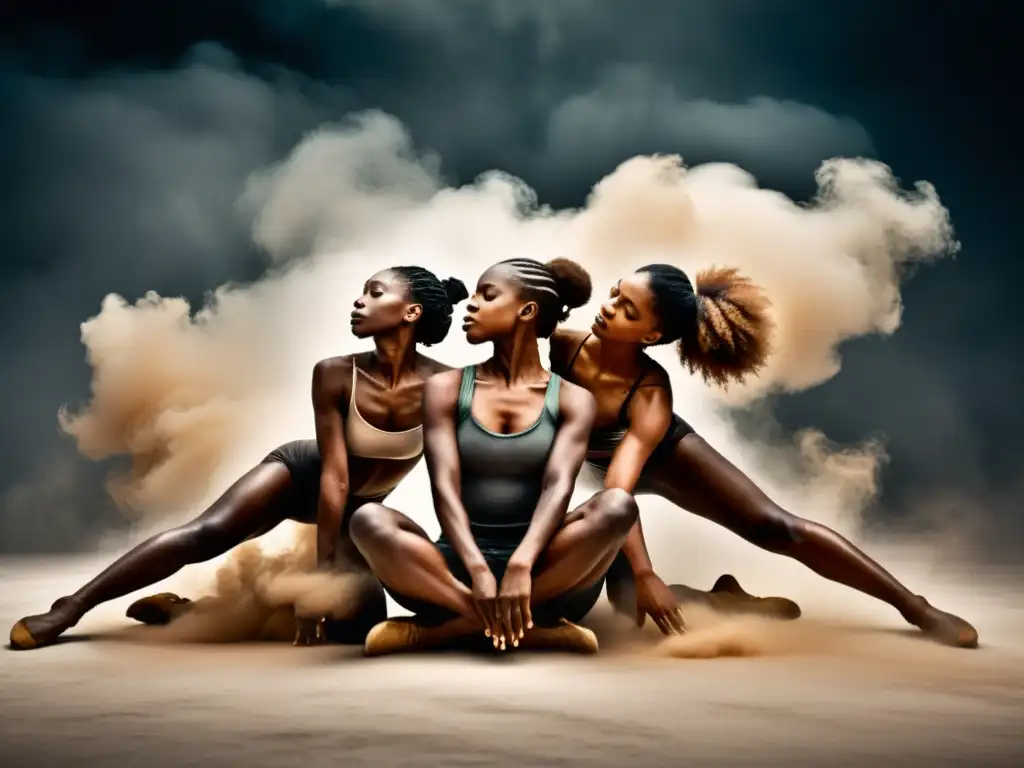 Grupo de bailarines contemporáneos realizando una impactante danza africana, con influencia intercultural en danzas tradicionales