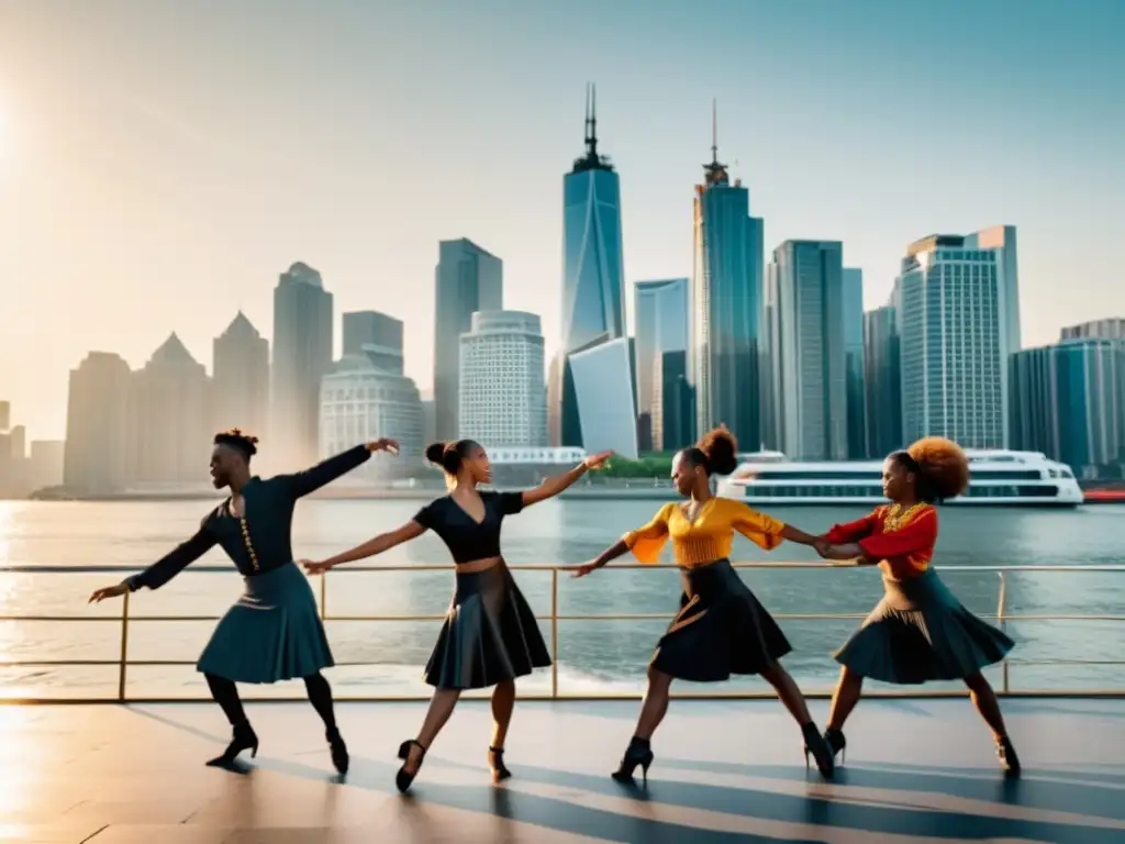 Grupo de bailarines contemporáneos realizando el hornpipe junto a una ciudad moderna