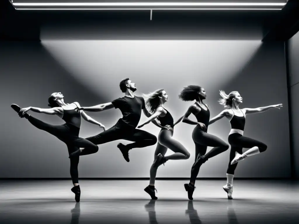 Grupo de bailarines contemporáneos en movimiento, capturados en una foto dramática en blanco y negro