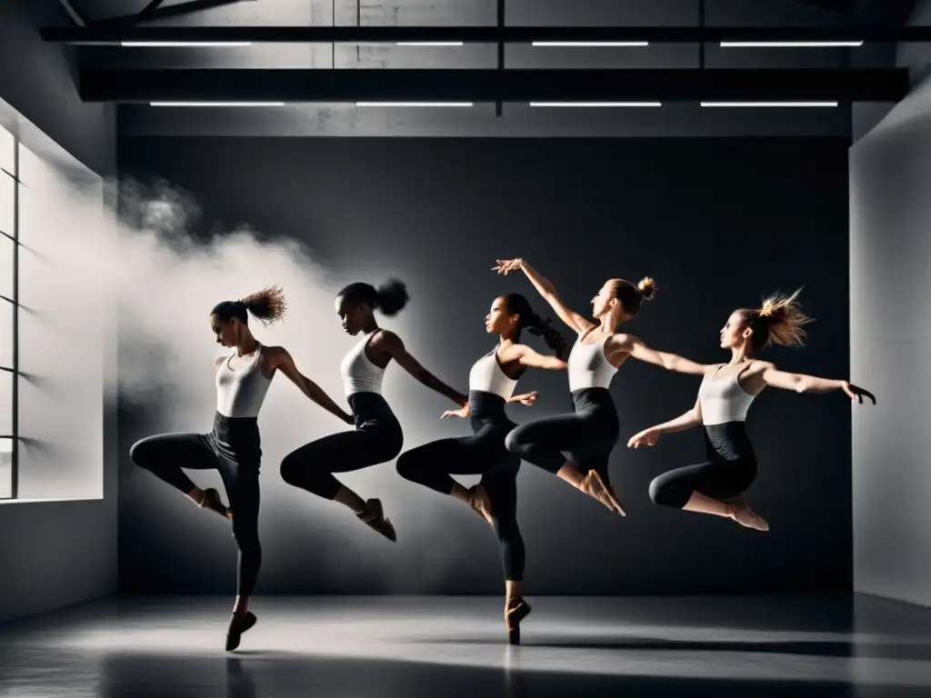 Grupo de bailarines contemporáneos en movimiento, capturados en una imagen en blanco y negro