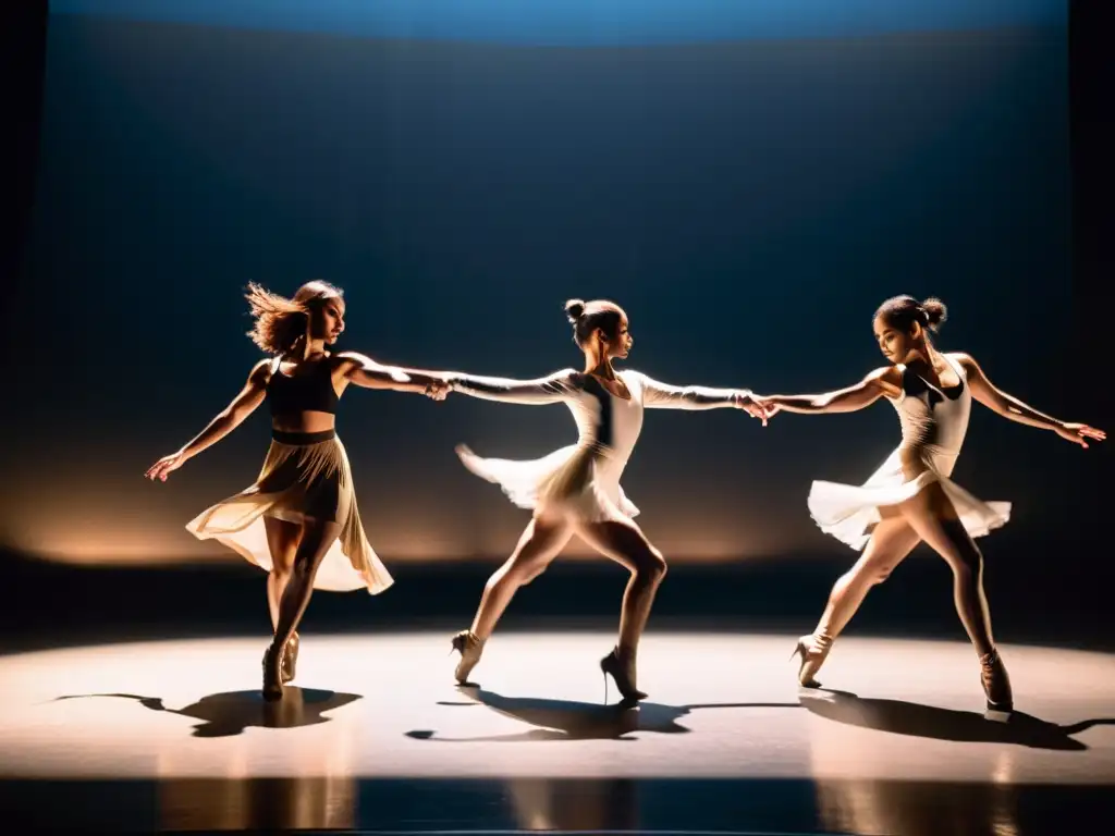 Grupo de bailarines contemporáneos realizando movimientos fluidos y expresivos en un escenario tenue