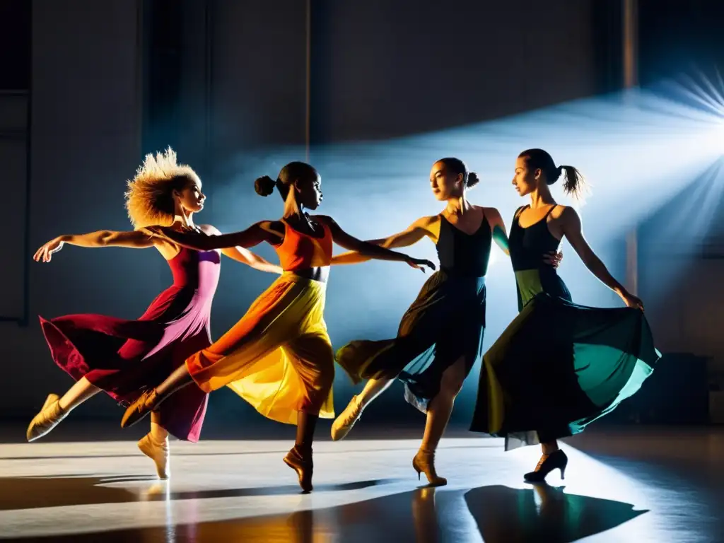 Un grupo de bailarines contemporáneos en una pose dinámica y expresiva, con trajes vibrantes, capturados en video