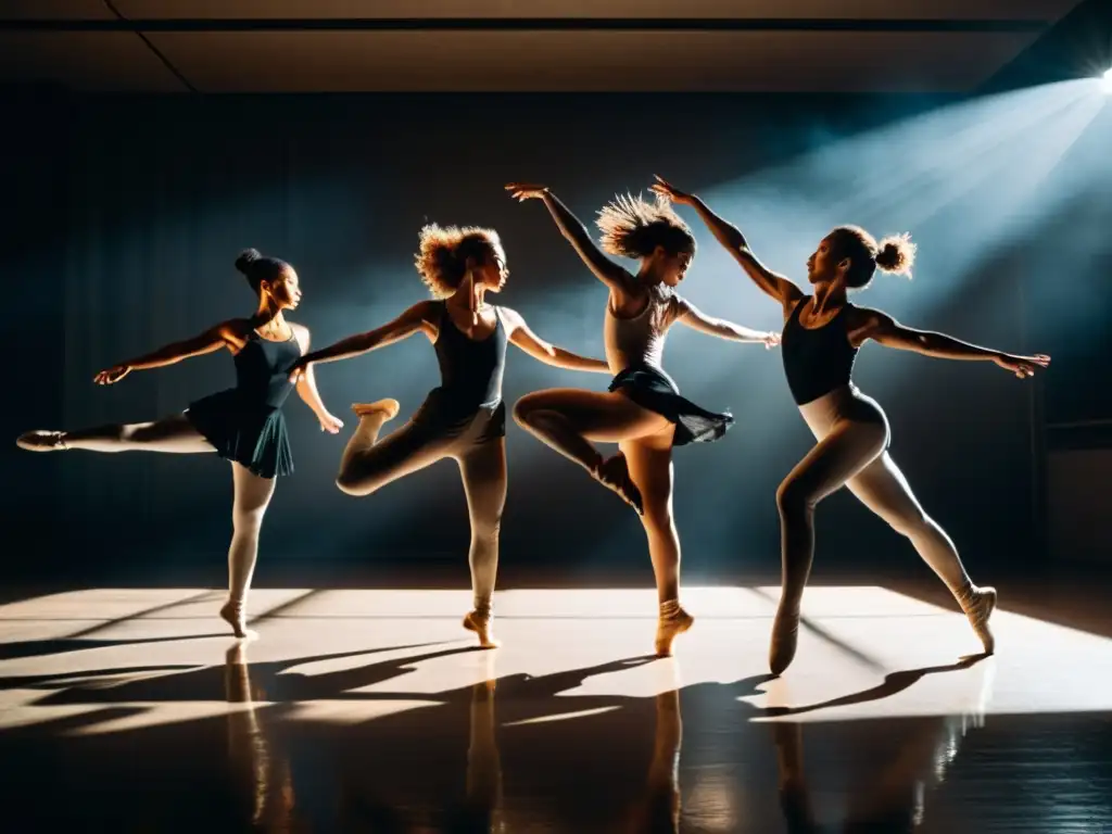 Grupo de bailarines contemporáneos ejecutando un salto desafiante en un estudio tenue