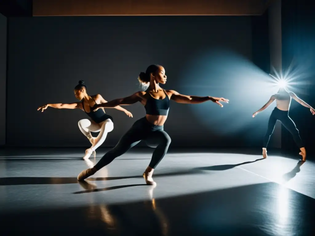 Grupo de bailarines contemporáneos fusionando técnicas de danza en estudio ambientado