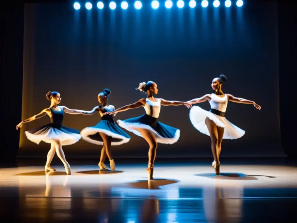 Grupo de bailarines contemporáneos y tradicionales fusionan movimientos en estudio iluminado, representando la fusión de danza contemporánea tradicional