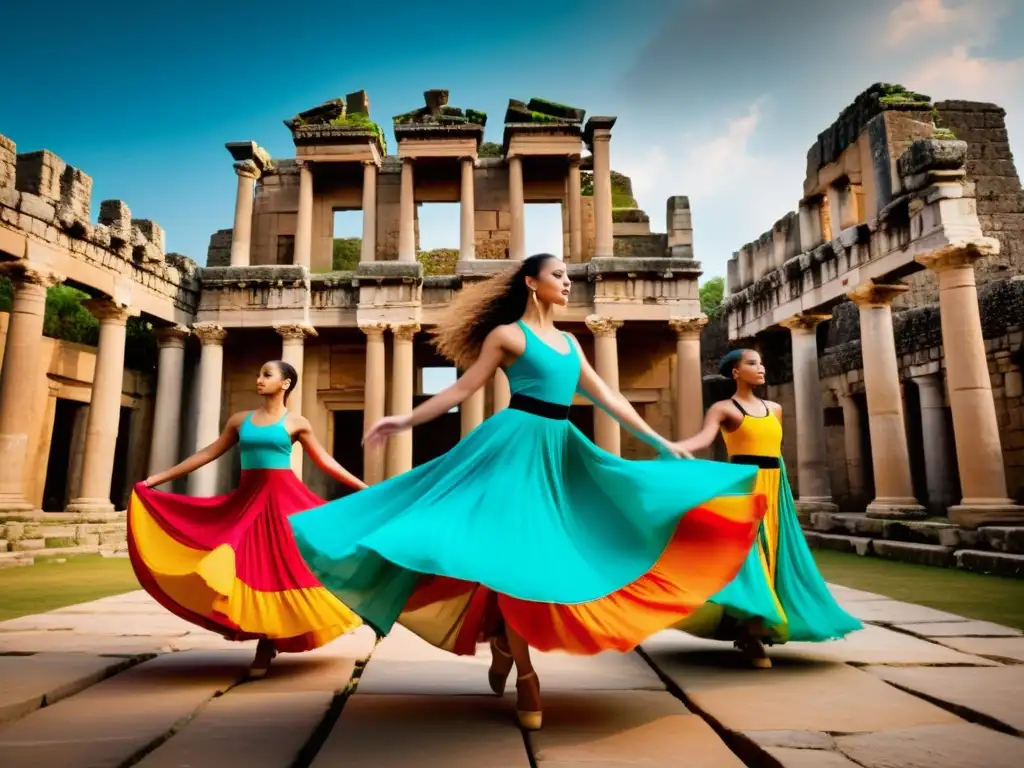 Un grupo de bailarines contemporáneos, con trajes vibrantes, realiza una rutina hipnótica en ruinas antiguas