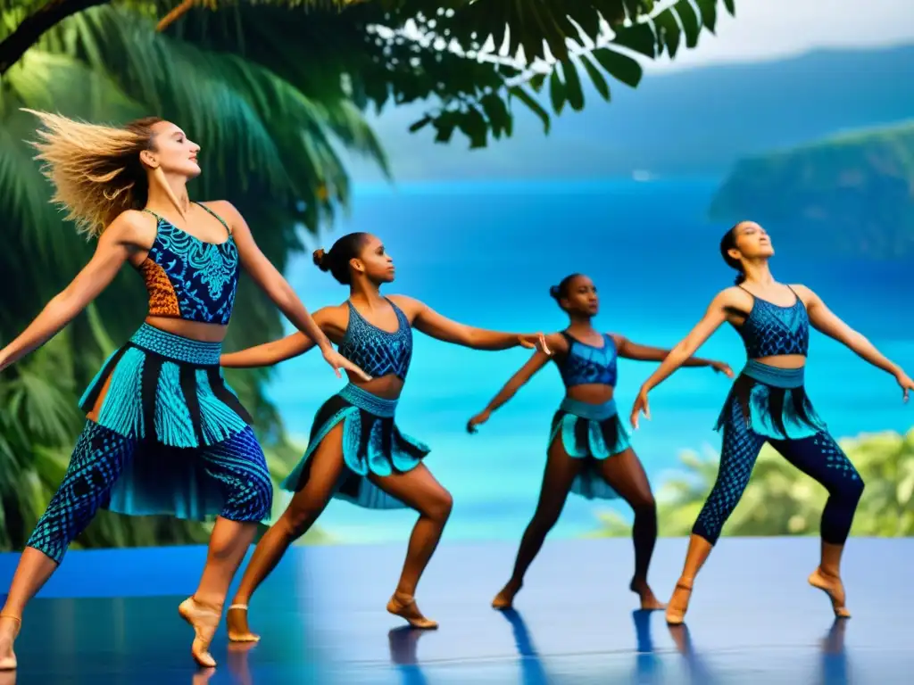 Grupo de bailarines contemporáneos con trajes inspirados en tradiciones de Oceanía, danza dinámica entre la exuberante naturaleza y el mar