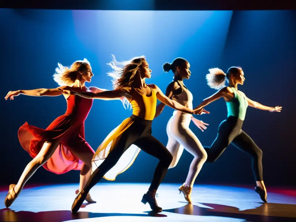 Un grupo de bailarines contemporáneos llevando trajes vibrantes y fluidos, realizando una actuación dinámica y expresiva en un escenario moderno