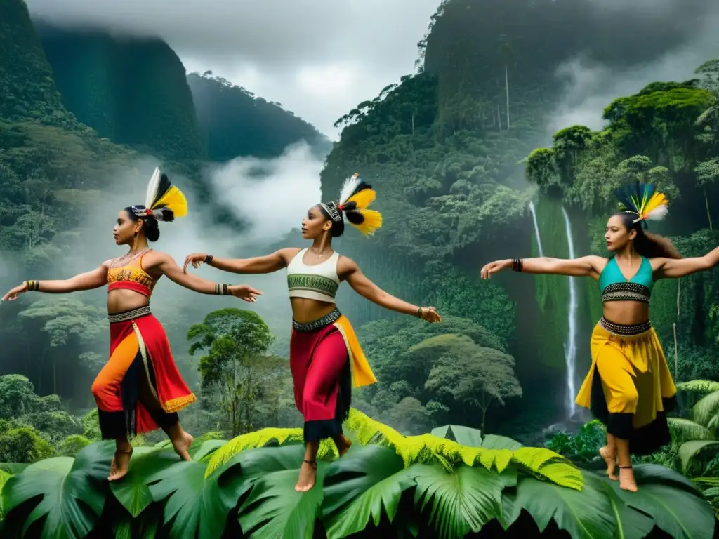 Un grupo de bailarines contemporáneos en trajes tradicionales indígenas, realizando movimientos expresivos en la exuberante selva