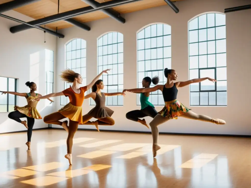 Grupo de bailarines contemporáneos en trajes temáticos vibrantes, fusionando tendencias actuales de moda y danza temática