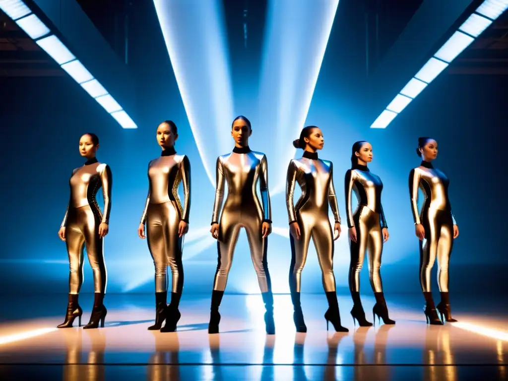 Grupo de bailarines contemporáneos en trajes metálicos futuristas realizando una coreografía sincronizada en un escenario industrial