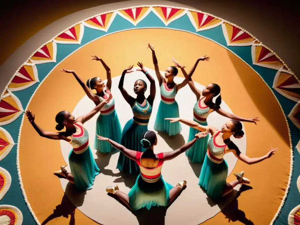 Grupo de bailarines contemporáneos en trajes tradicionales, expresando significado y reverencia en una función ritual de danza