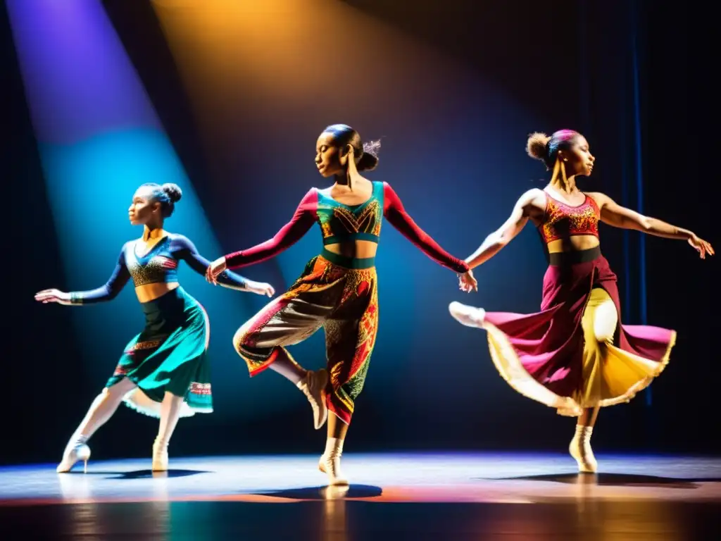 Grupo de bailarines contemporáneos en vibrante fusión de trajes tradicionales y modernos, capturando la energía en festivales de danza