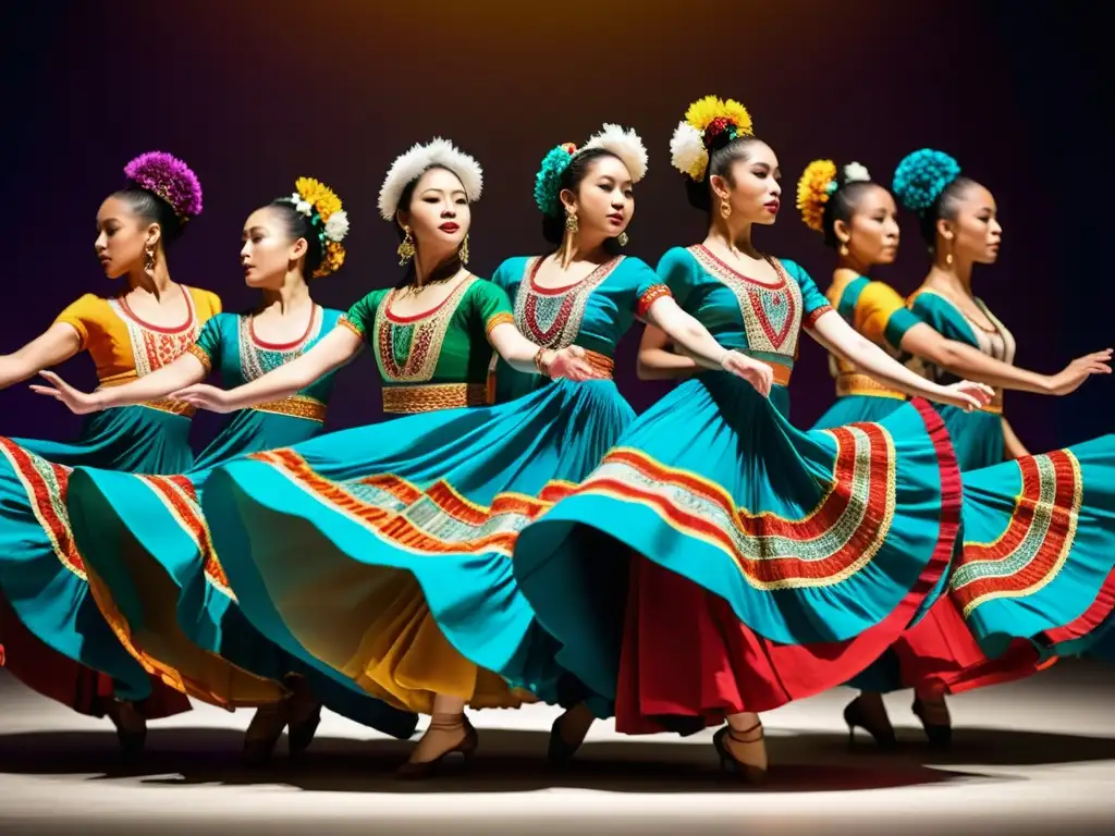 Un grupo de bailarines contemporáneos en vibrantes vestuarios tradicionales de danza, capturados en una impactante actuación