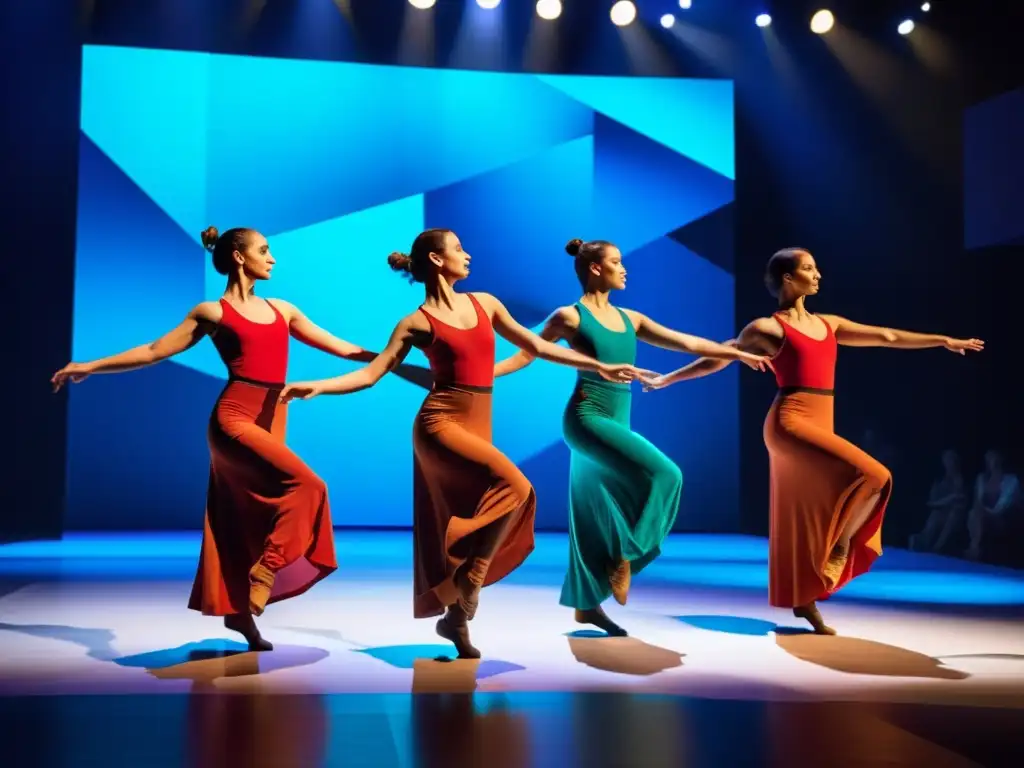 Grupo de bailarines contemporáneos en vibrantes trajes, moviéndose graciosamente en el escenario con diseño moderno