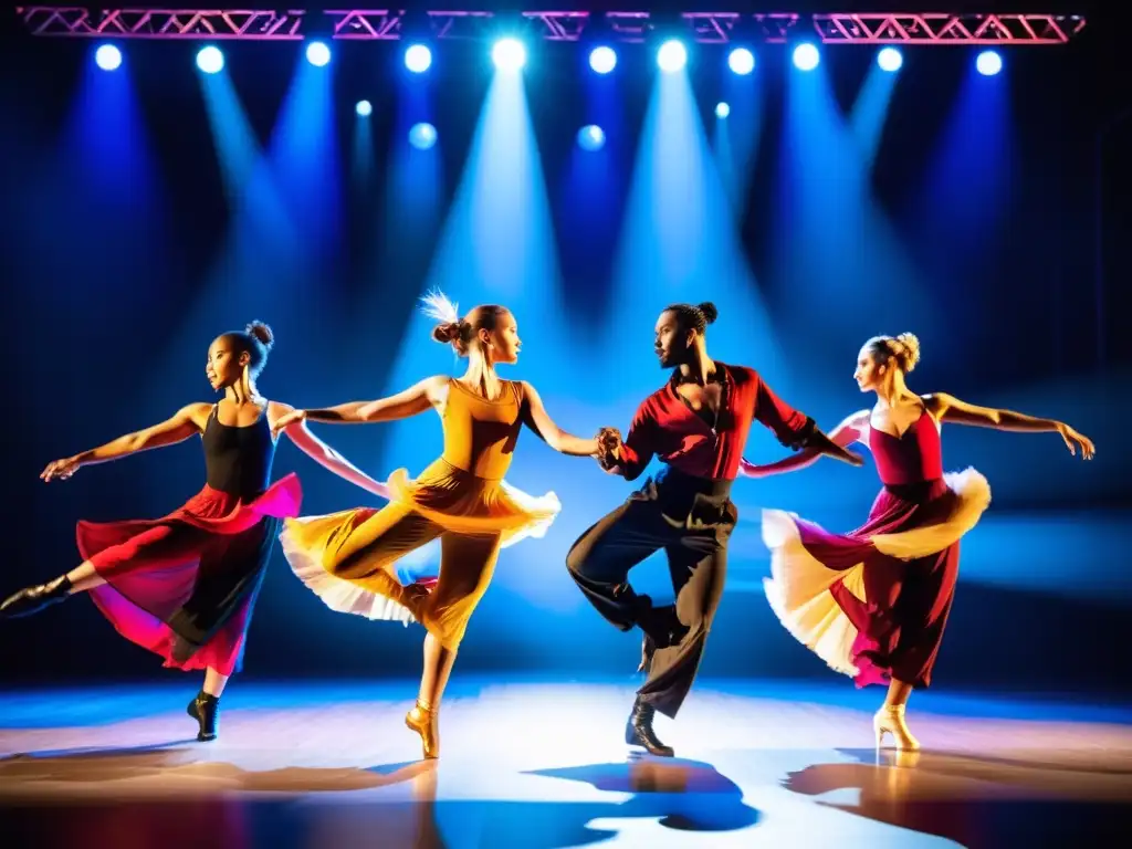 Grupo de bailarines contemporáneos en vibrantes trajes, fusionando danzas en un escenario moderno con elementos culturales