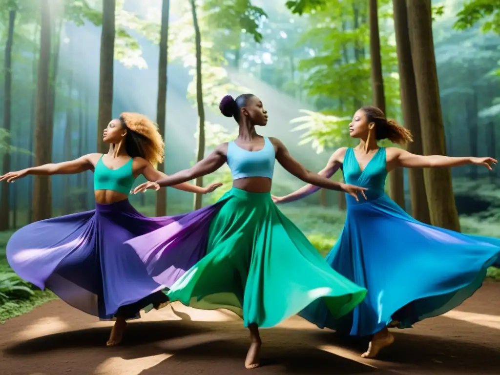 Un grupo de bailarines contemporáneos en vibrantes trajes, danzando con gracia en un entorno natural