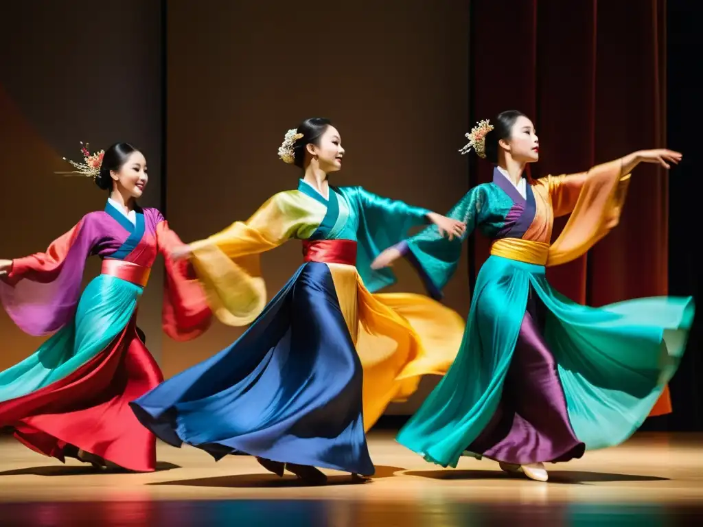 Grupo de bailarines coreanos realizando la Danza de la Seda con gracia y elegancia, mostrando el significado cultural de esta tradición