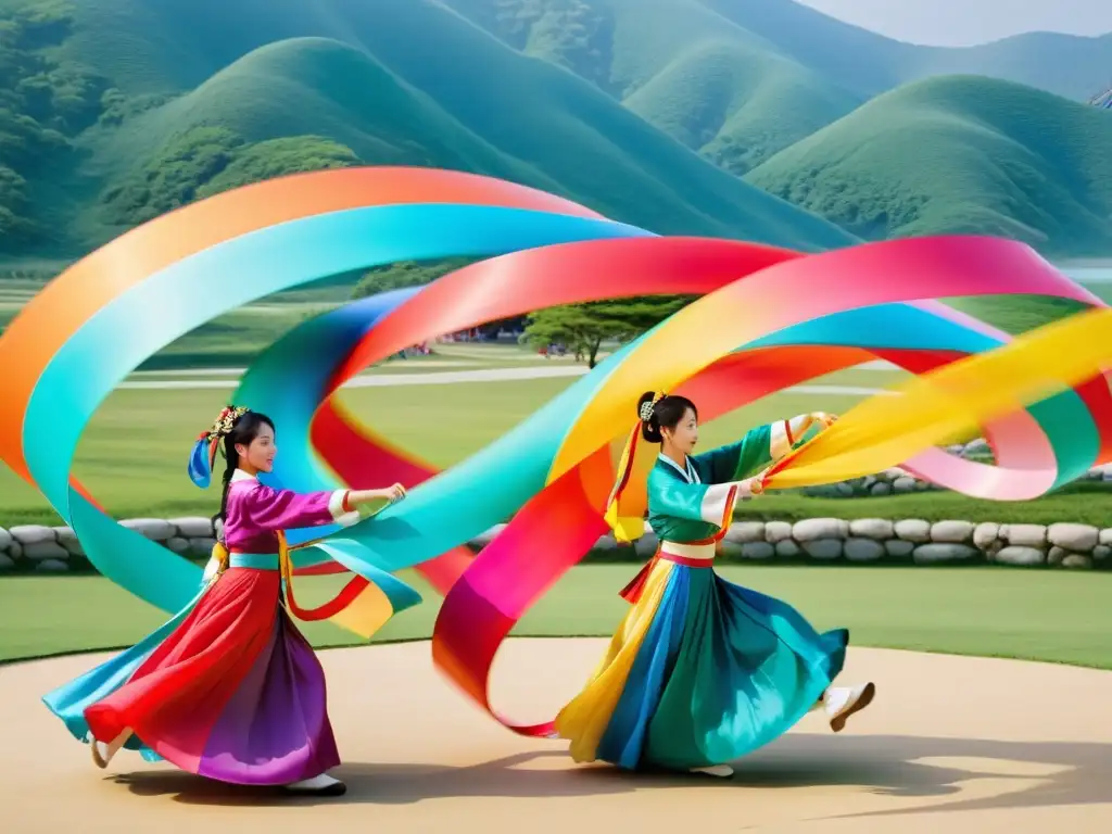 Grupo de bailarines coreanos realizando la elegante Danza de la Cinta Corea en un entorno natural, con expresiones de alegría y gracia