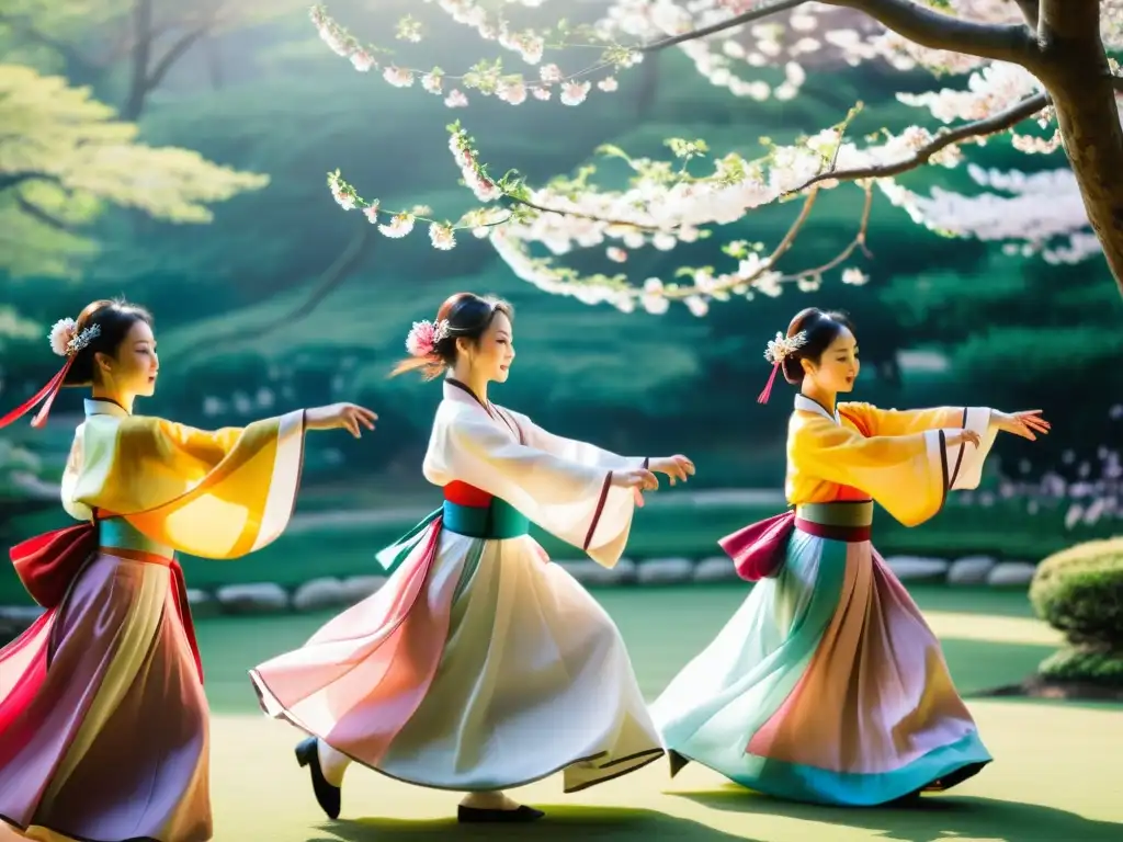 Danza tradicional coreana entre cerezos en flor Grupo de bailarines coreanos en hanboks vibrantes danzando en jardín de sakuras