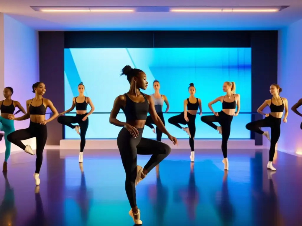 Un grupo de bailarines practica una coreografía con la ayuda de una aplicación tecnológica, fusionando arte tradicional con innovación moderna