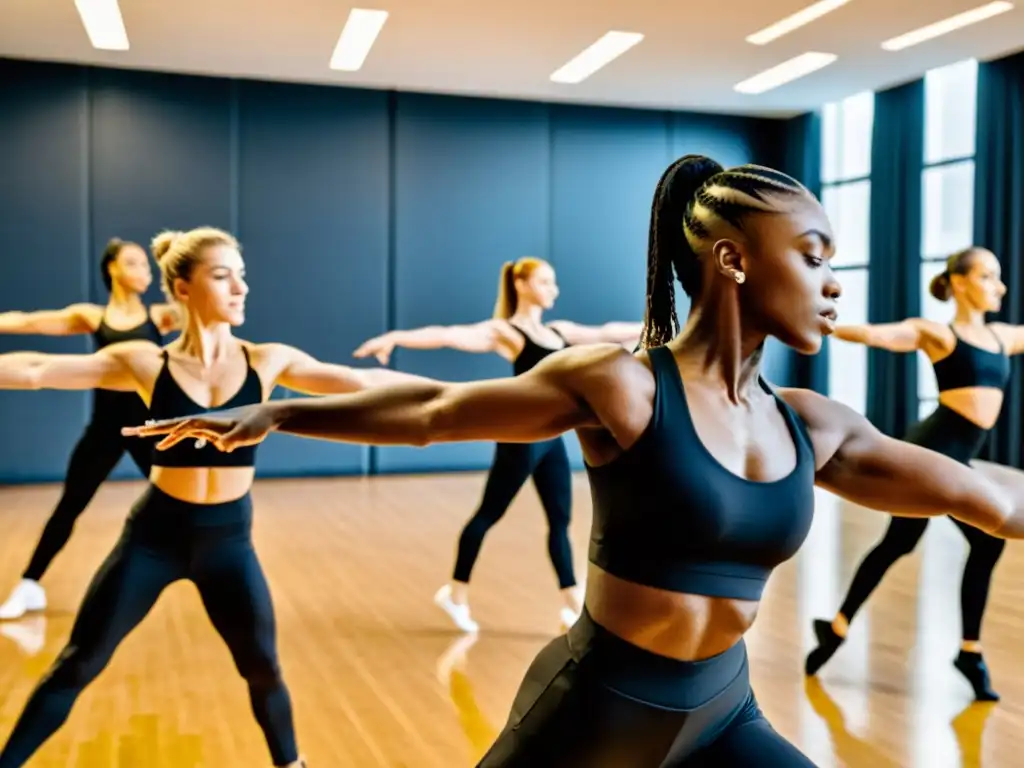 Grupo de bailarines practicando una coreografía compleja en un estudio amplio y bien iluminado