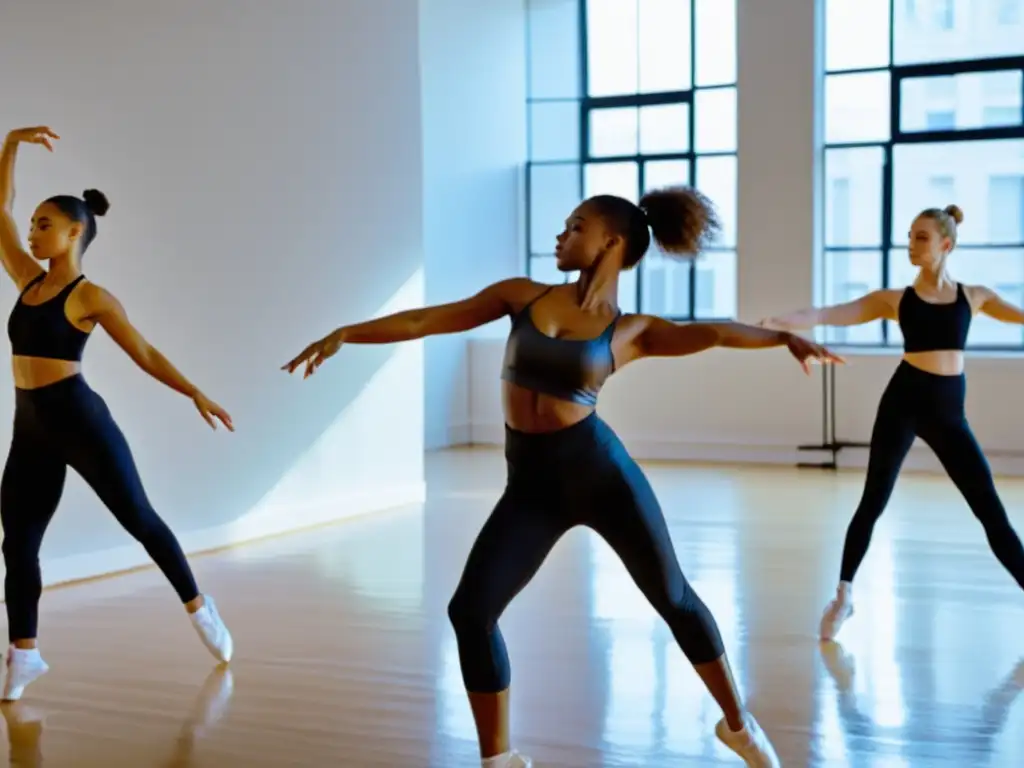 Grupo de bailarines practicando una coreografía compleja en un estudio espacioso y bien iluminado