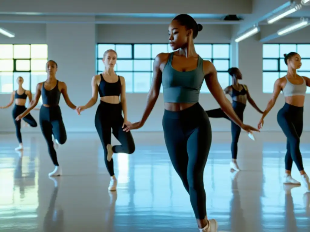 Un grupo de bailarines ejecuta una coreografía compleja con precisión y concentración en un estudio luminoso