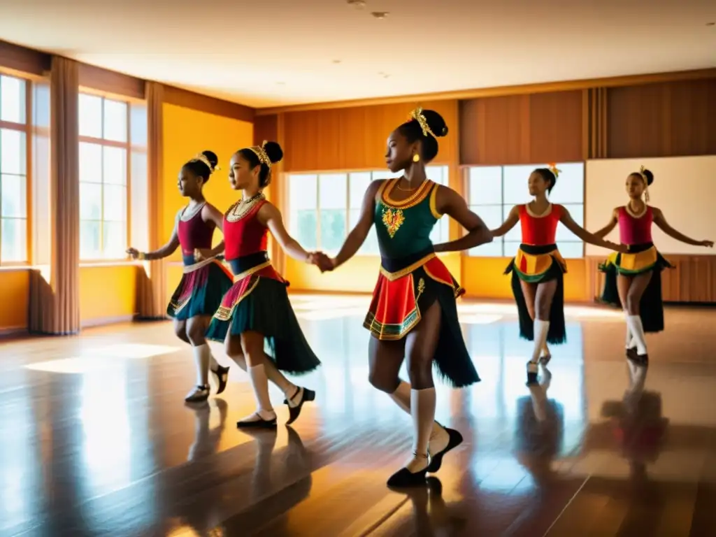 Grupo de bailarines ensayando una coreografía de danza tradicional en estudio soleado