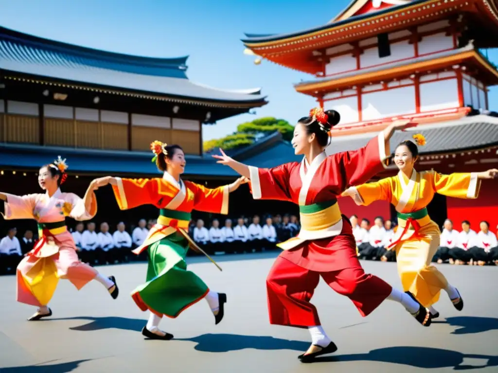 Un grupo de bailarines Yosakoi realiza una coreografía dinámica y sincronizada en la plaza de una ciudad, vistiendo trajes tradicionales vibrantes